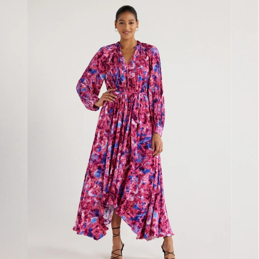 Colorful Long Sleeve Pleated Dress